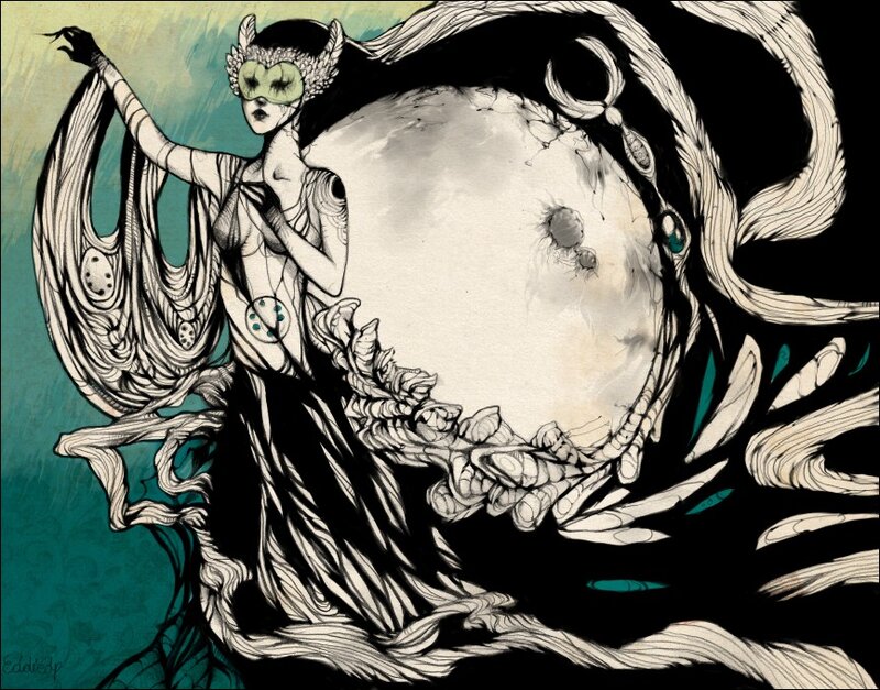 Masked figure with celestial sphere