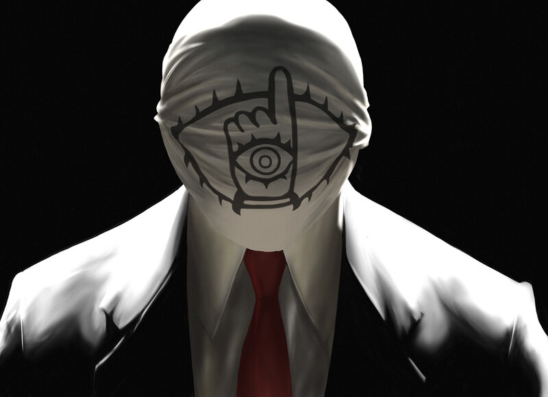 masked figure with eye symbol