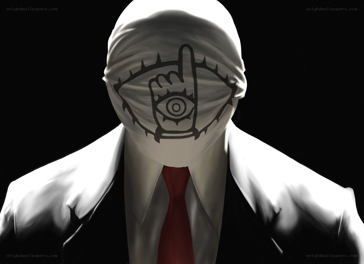 masked figure with eye symbol