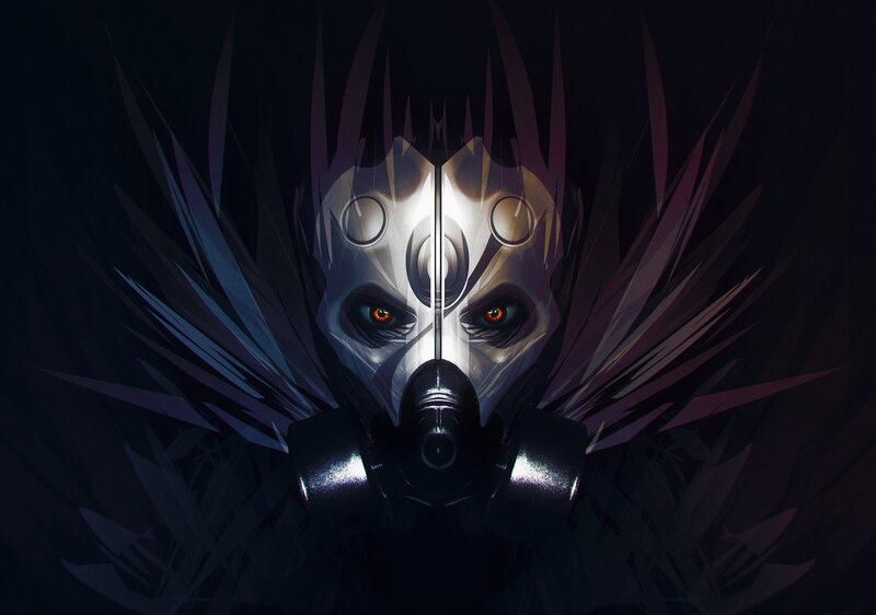 Masked Figure with Glowing Eyes — Black, Dramatic, Night, Digital Art
