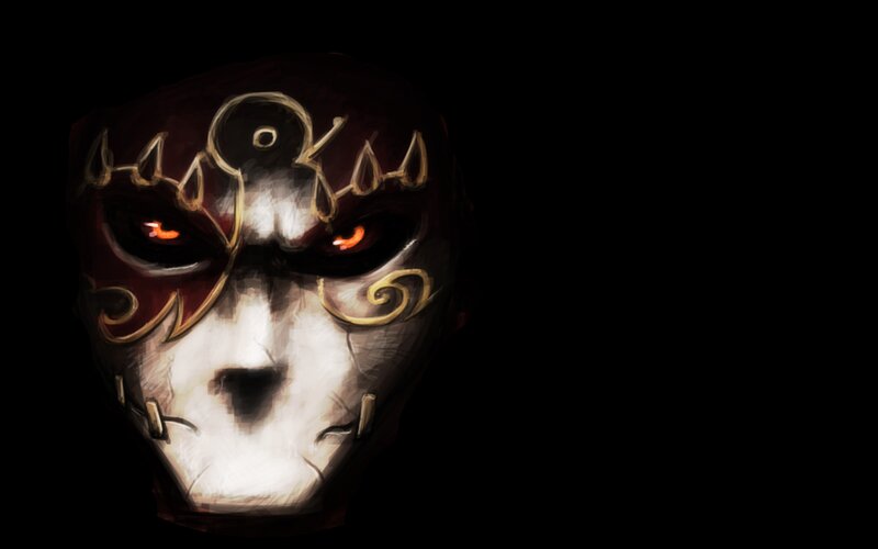 Masked Figure with Glowing Eyes — Black, Dramatic, Night