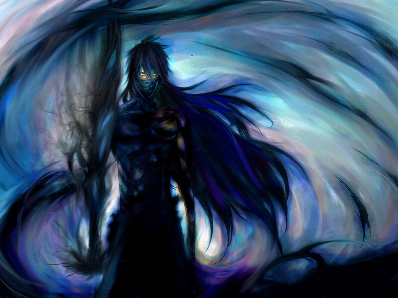 Masked Figure with Long Hair — Blue, Dramatic, Intense