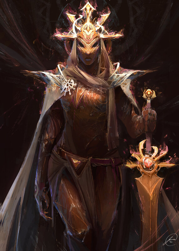 Masked Figure with Sword — Black, Dramatic