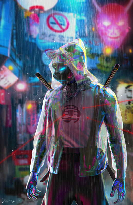 Masked Figure with Swords — Blue, Dramatic