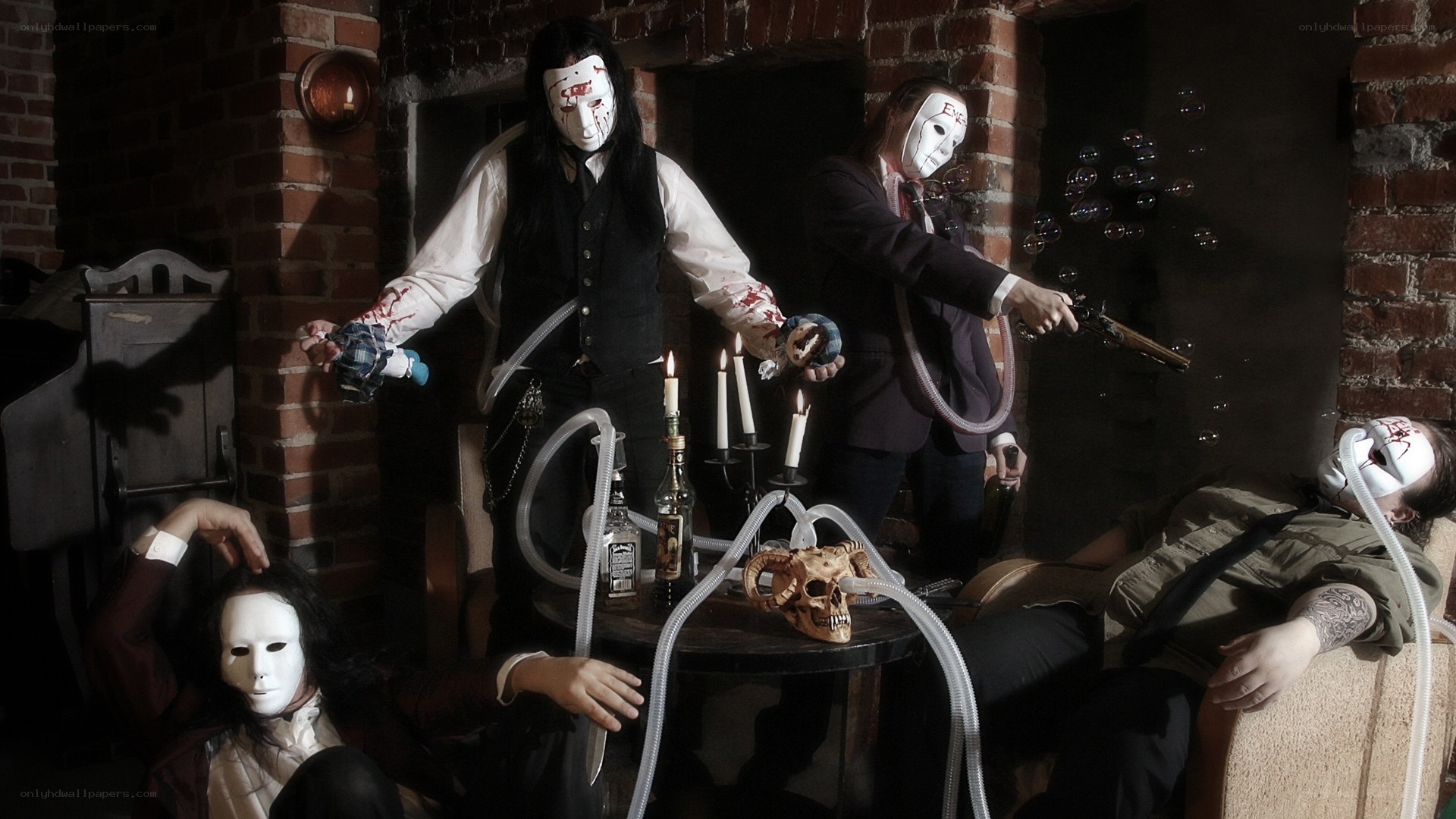 masked figures in a dark room
