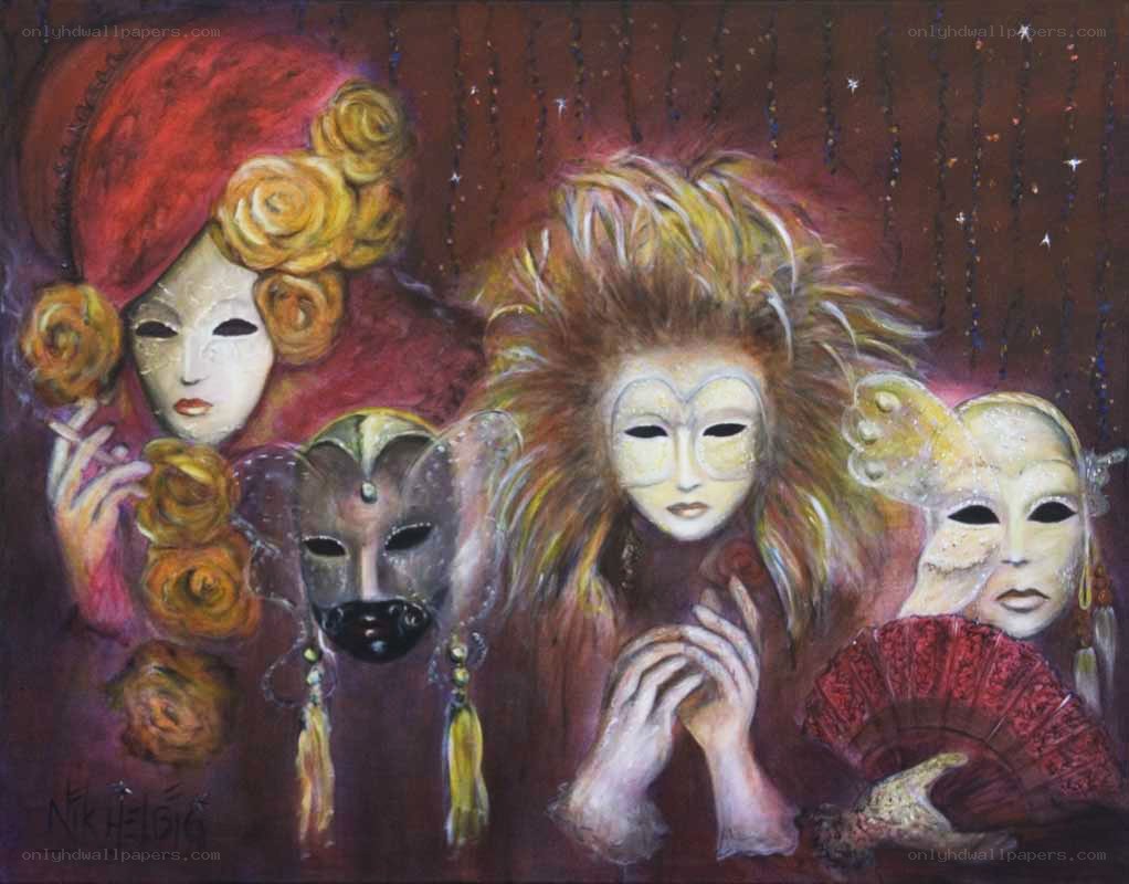 Masked figures in a dreamlike scene