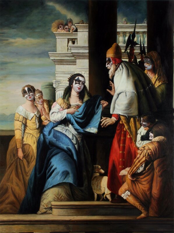Masked figures in classical scene