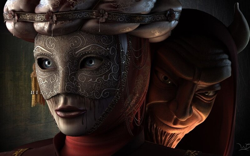 Masked figures in dark fantasy