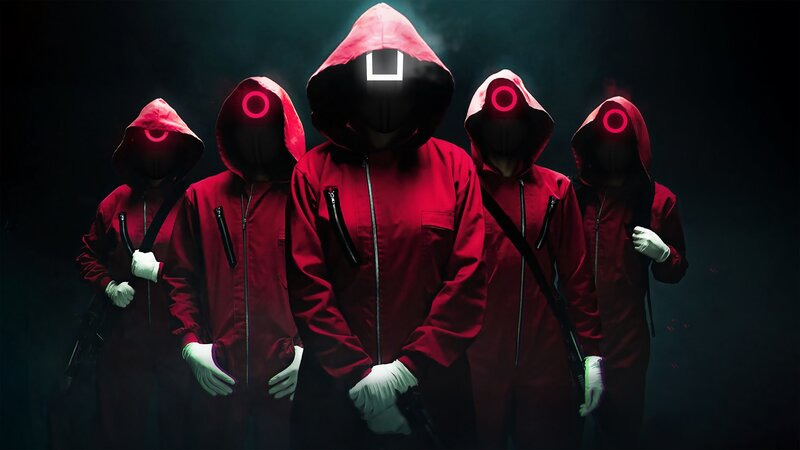 Masked Figures in Red Suits — Dramatic