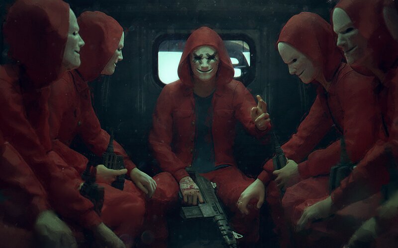 Masked Figures in Red Suits