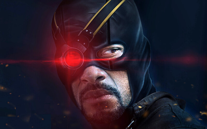 masked hero with red laser