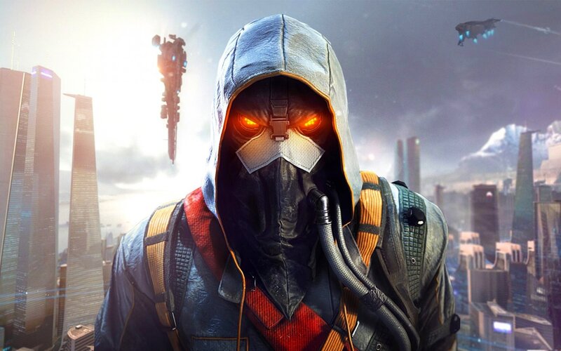 masked soldier in futuristic city