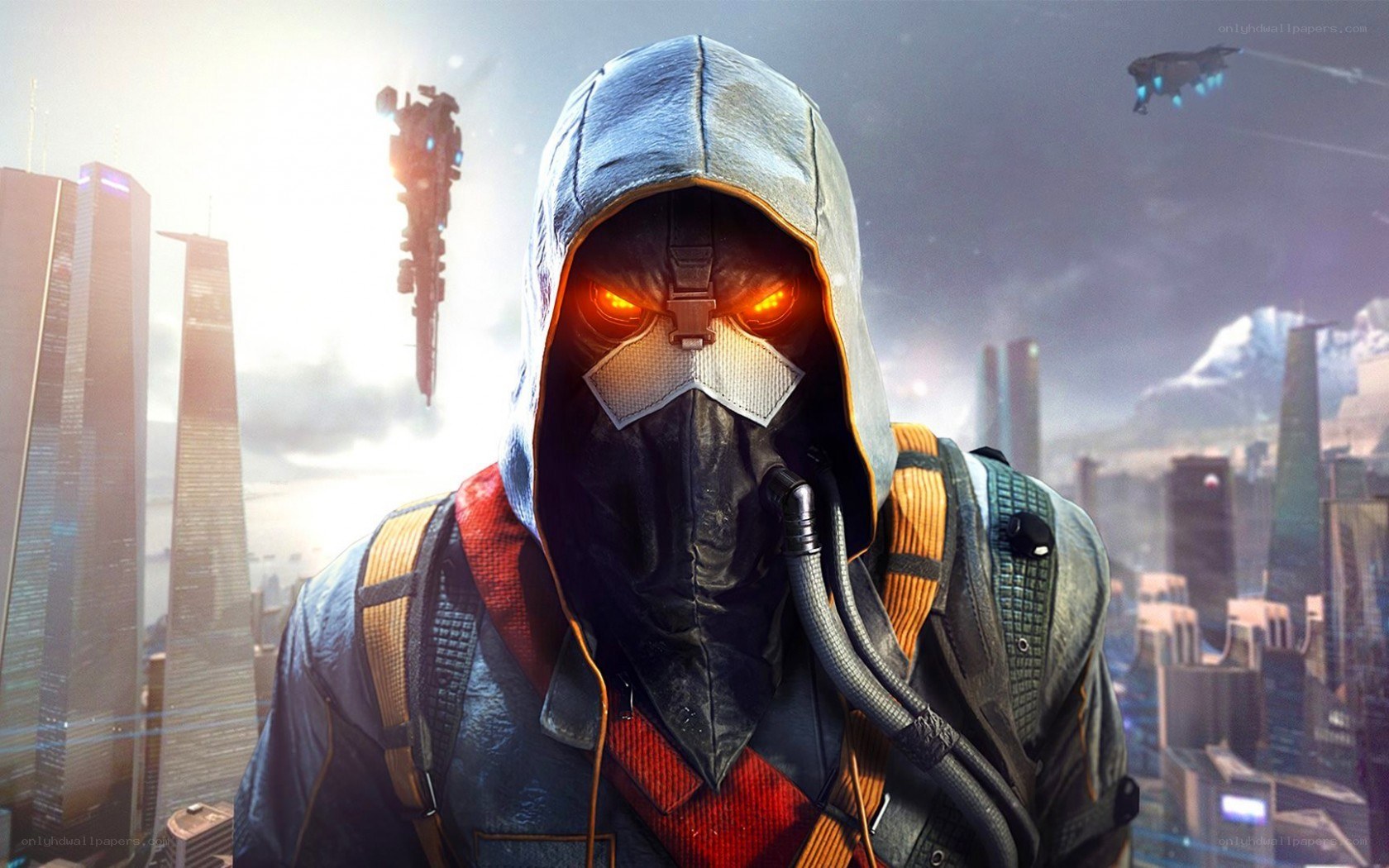 masked soldier in futuristic city