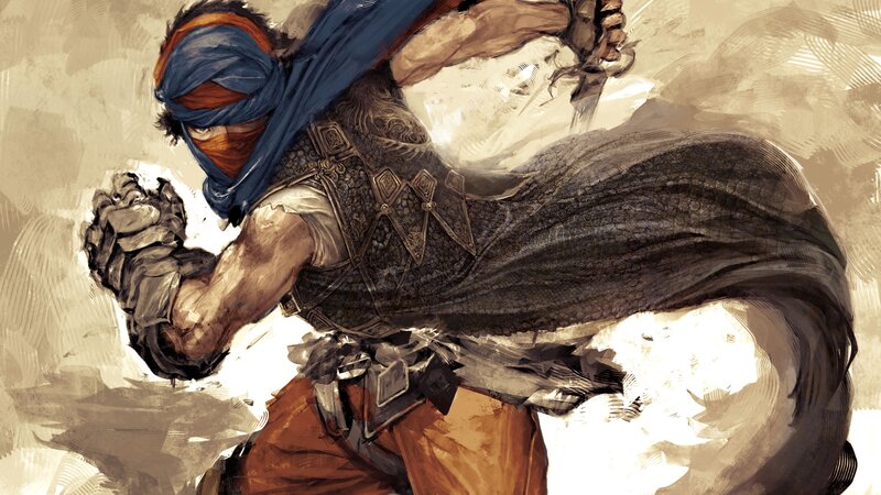 Masked Warrior in Motion — Brown, Dramatic, Digital Art, Sword