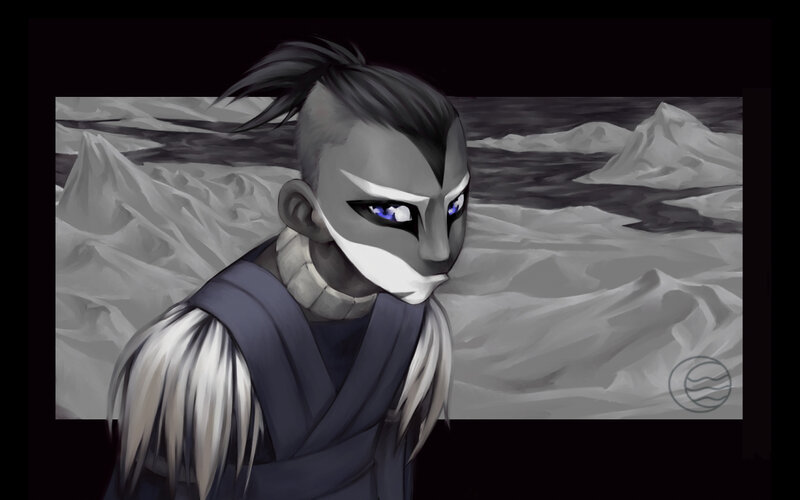 masked warrior in snowy landscape