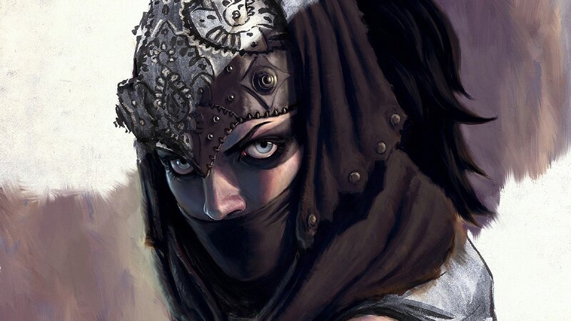 masked warrior with blue eyes