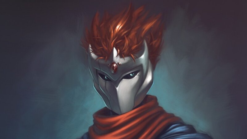 masked warrior with red hair