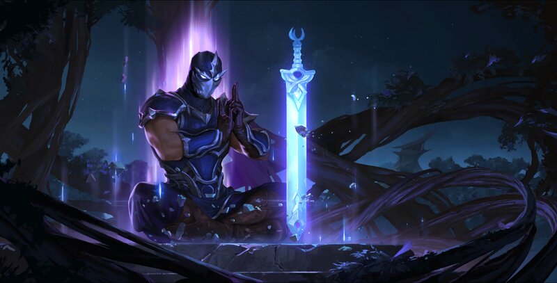 Masked Warrior with Sword — Purple, Dramatic, Night, Digital Art, Forest