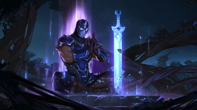 Masked Warrior with Sword — Purple, Dramatic, Night, Digital Art