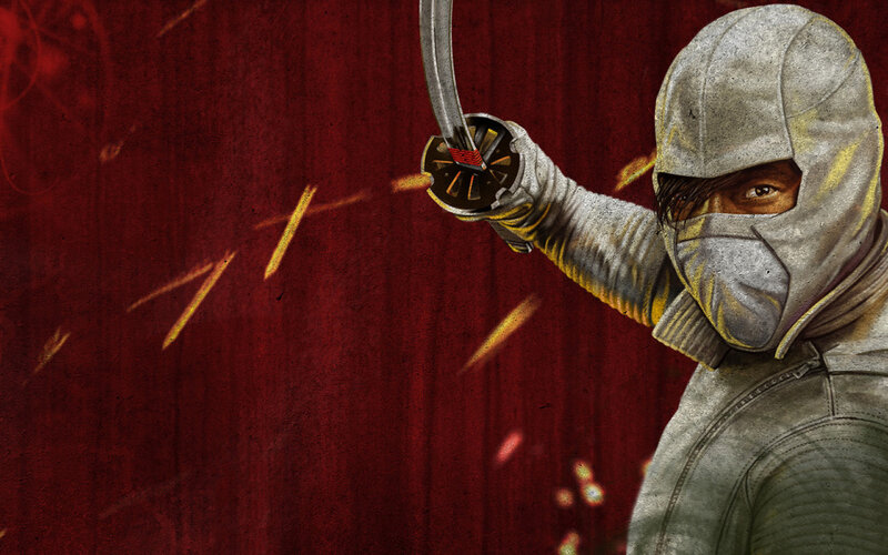 Masked Warrior with Sword — Red, Dramatic, Digital Art, Sparks