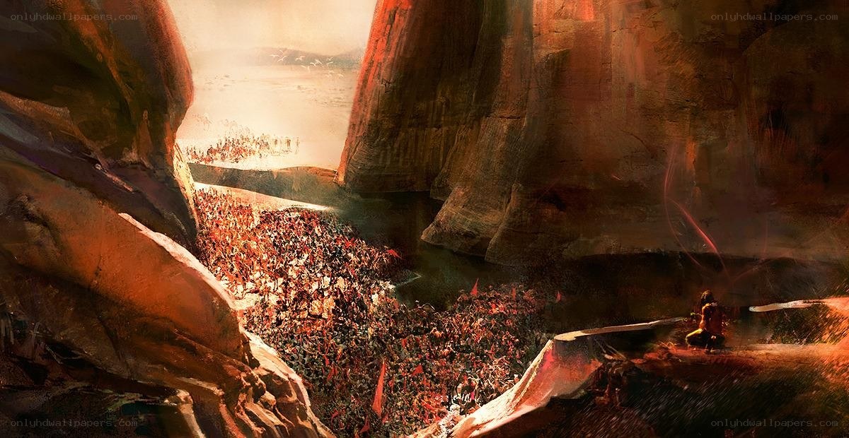 Mass army in canyon view