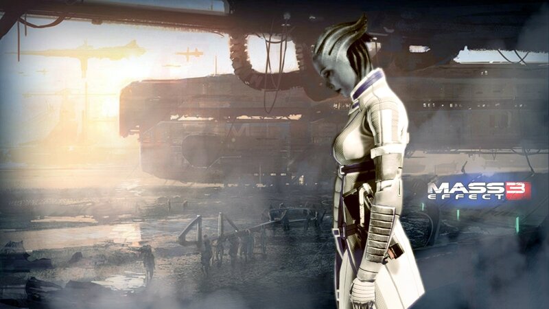 Mass Effect 3 character in a war-torn landscape