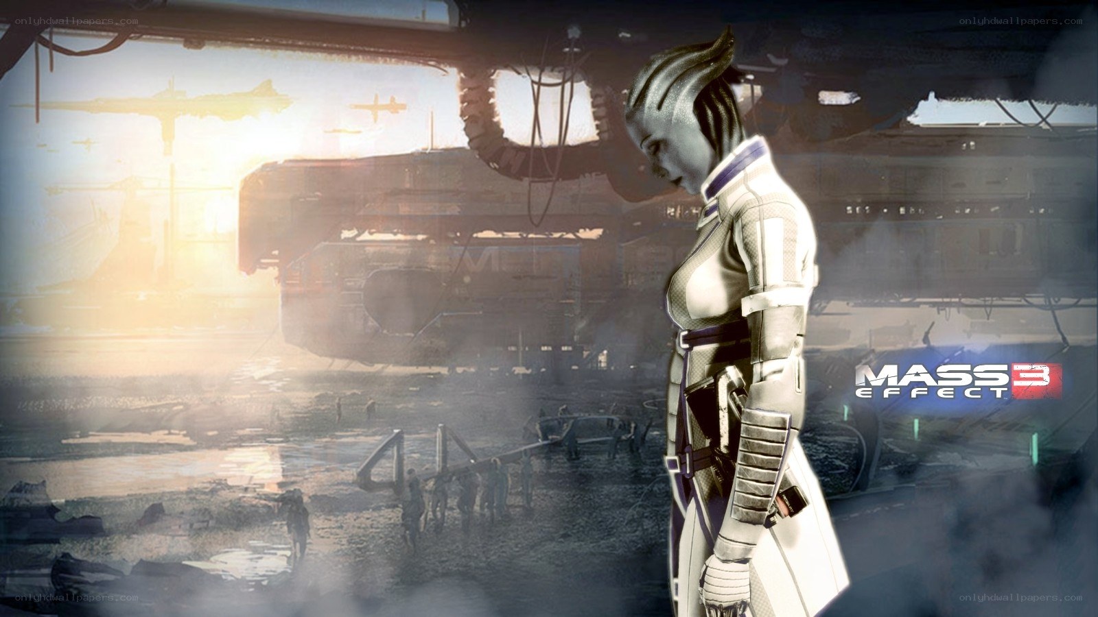 Mass Effect 3 character in a war-torn landscape