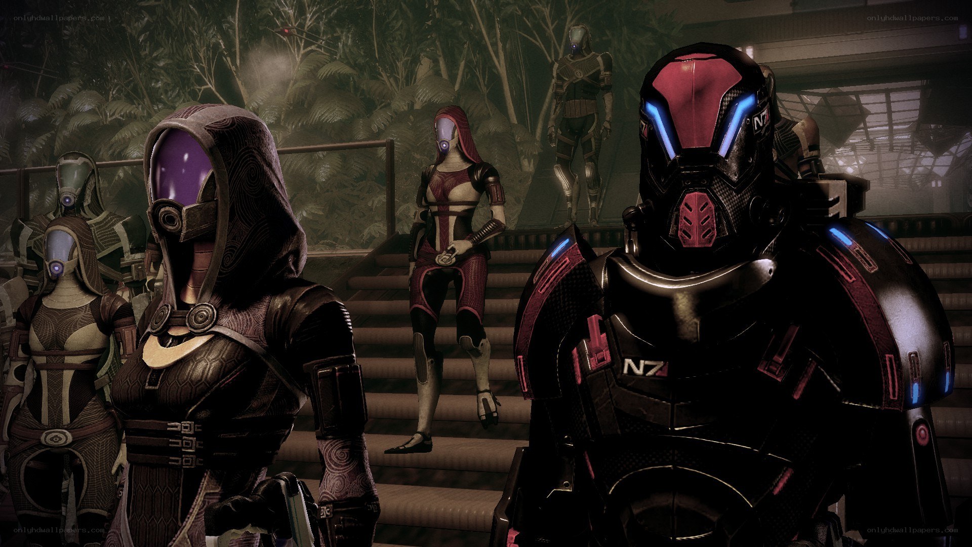 Mass Effect characters in a greenhouse