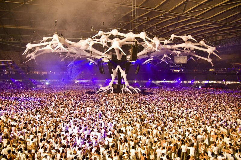 Massive concert crowd with art installation