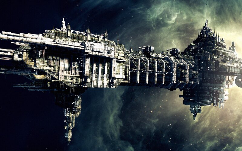 Massive Spaceship in Space — Black, Dramatic, Digital Art, Starfield
