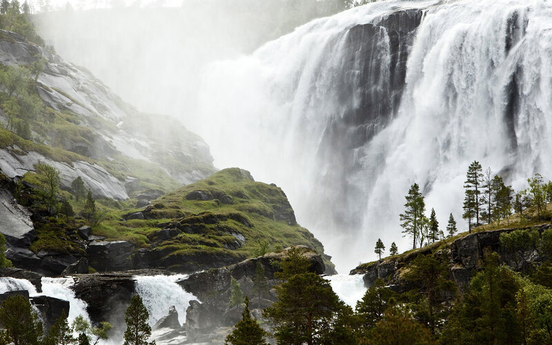 Massive Waterfall Cascade — Green, Dramatic, Photograph, Rocky Cliffs