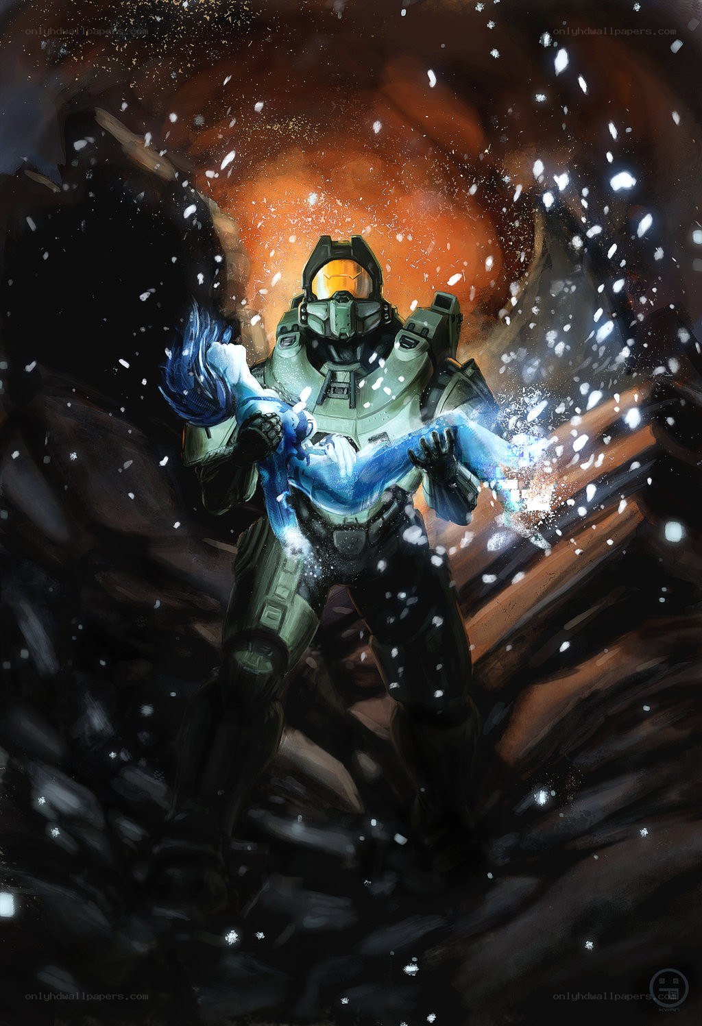 Master Chief holding a glowing figure