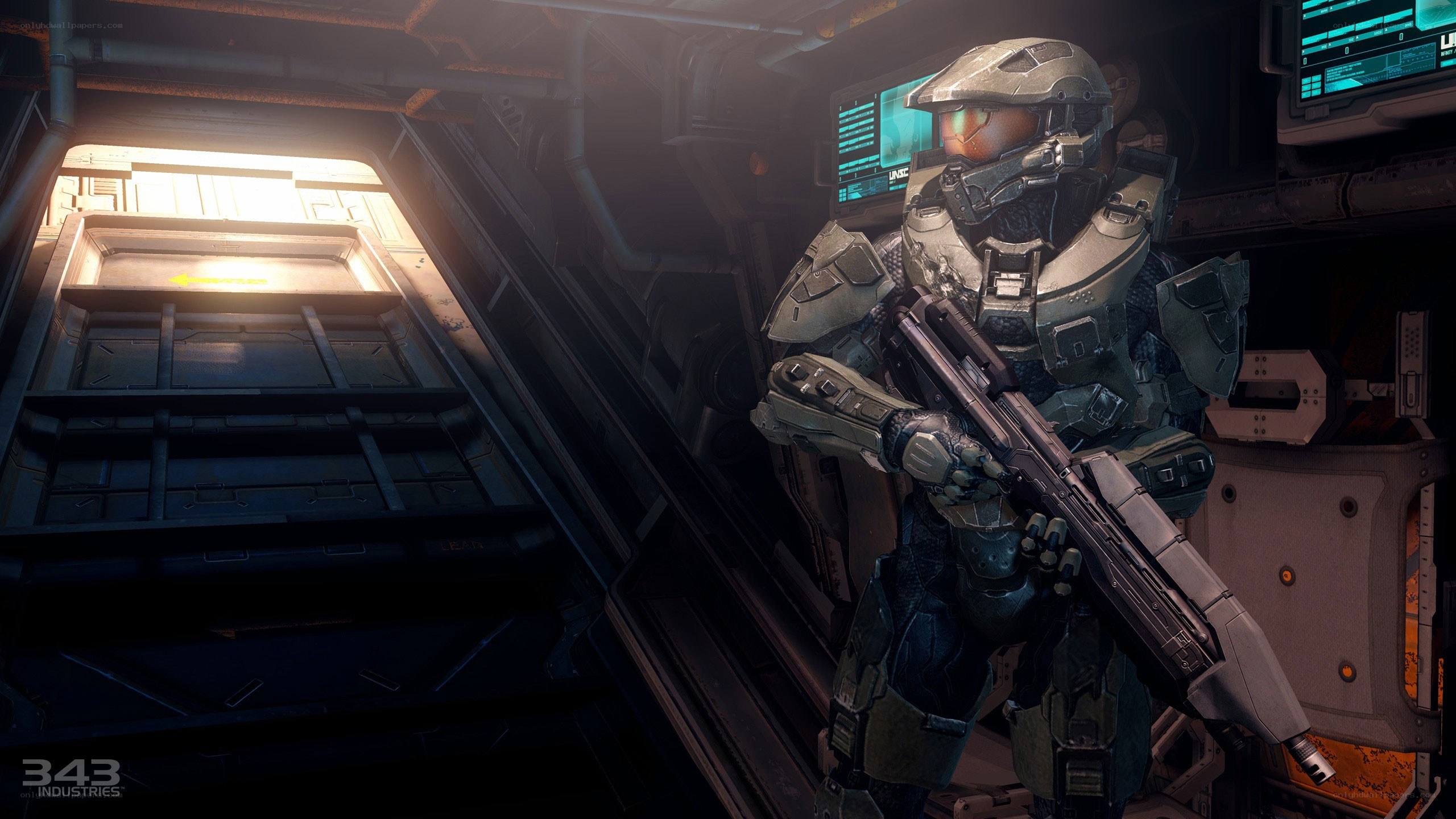 Master Chief in a spaceship corridor