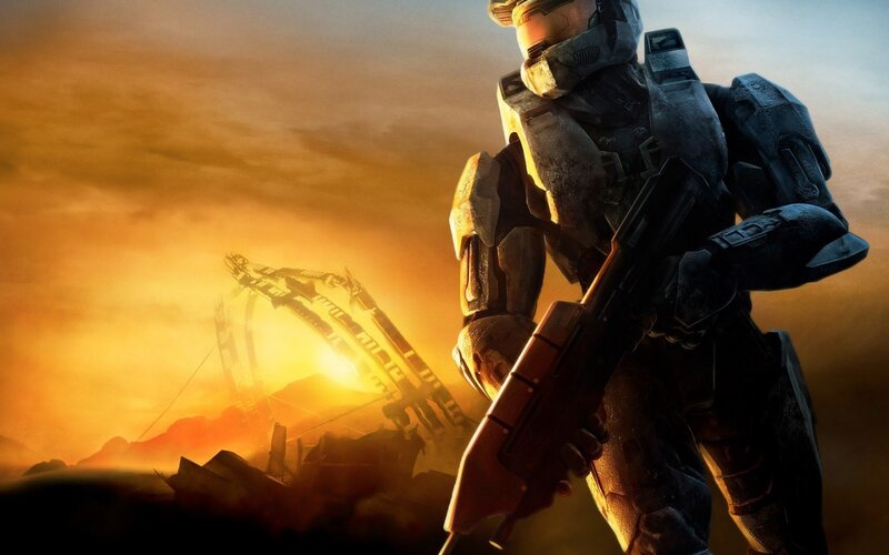 Master Chief in a war-torn landscape