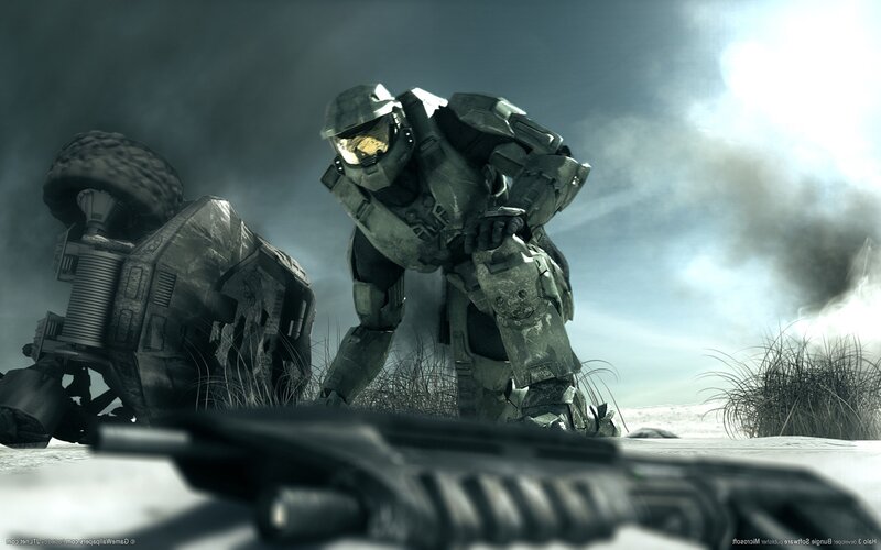 Master Chief in a war-torn landscape