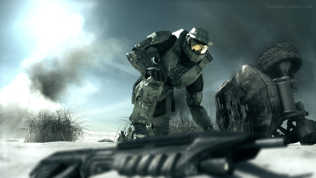 Master Chief in a war-torn landscape