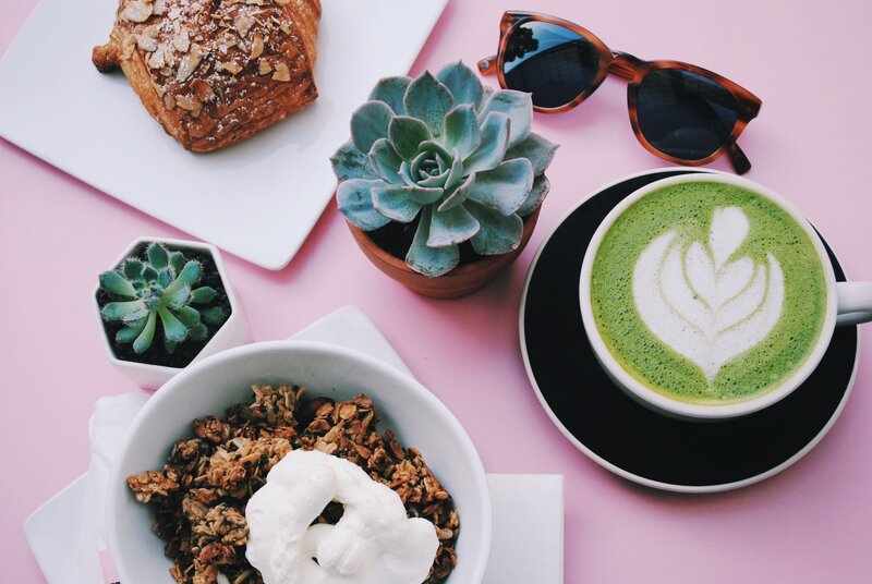 Matcha latte with pastries