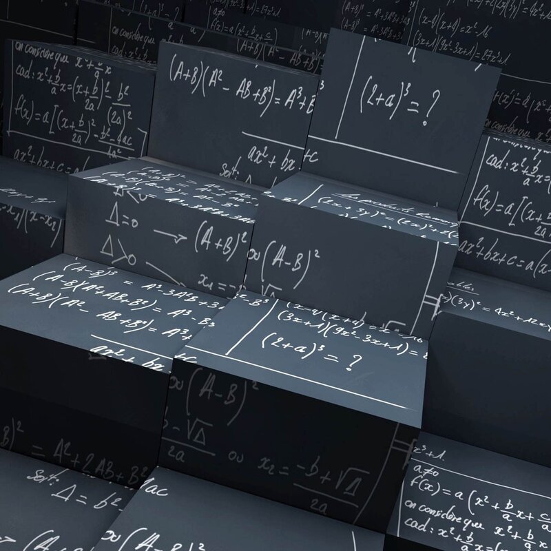 Mathematical Equations on Blocks — Black, Academic, 3d Render, Chalkboard, White, Square