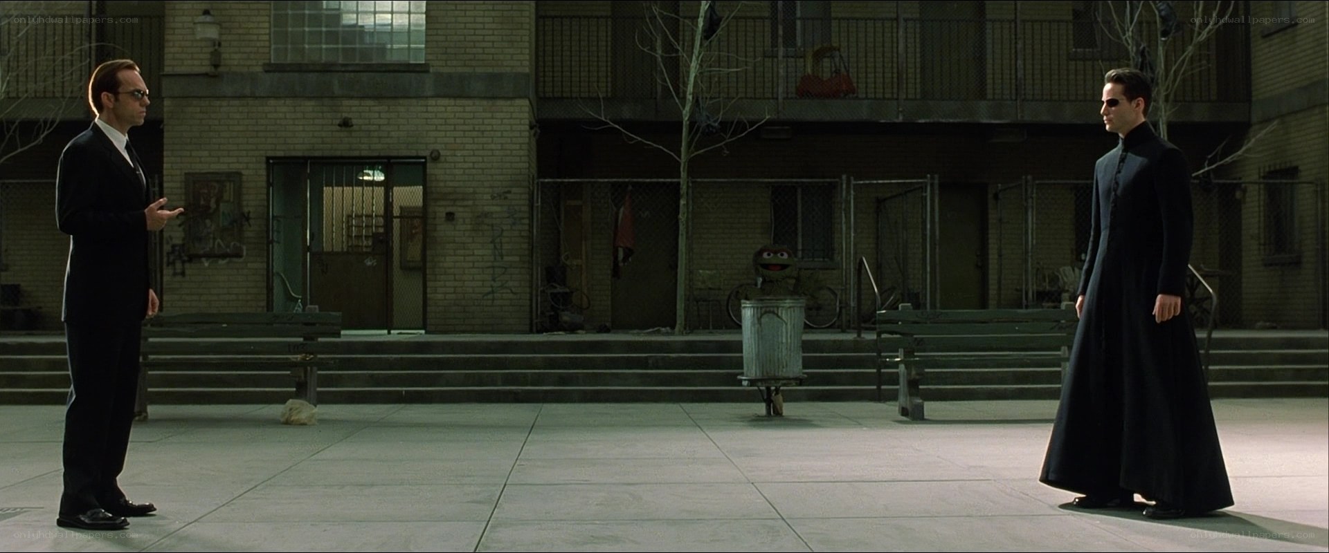 Matrix characters in courtyard