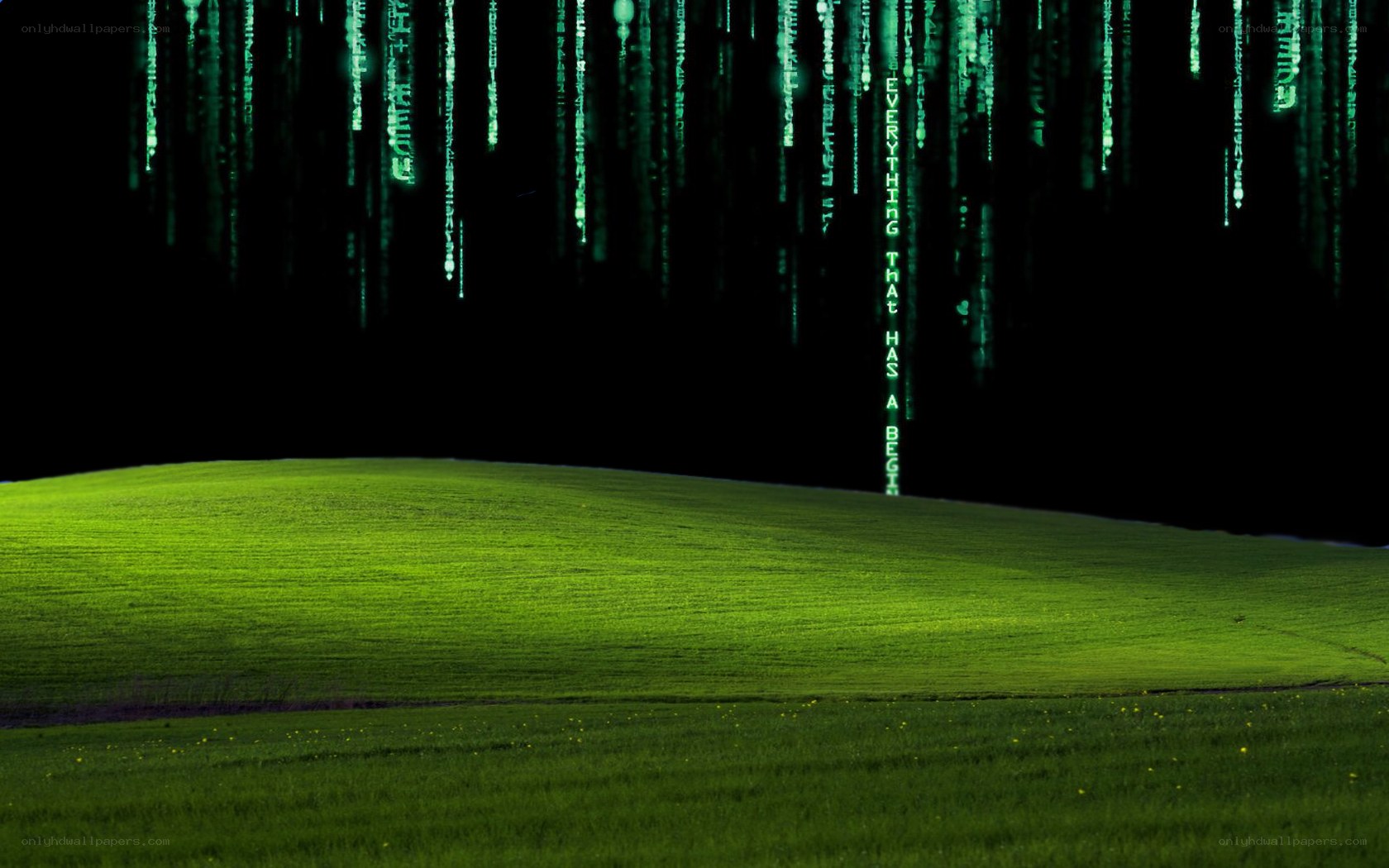 Matrix rain over green hill