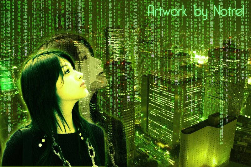 Matrix-style city with woman