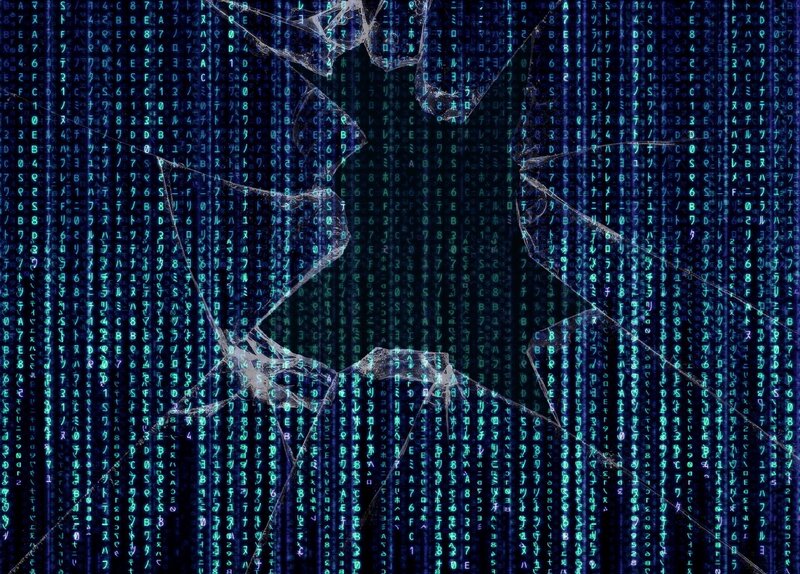 Matrix-style digital rain with cracked glass