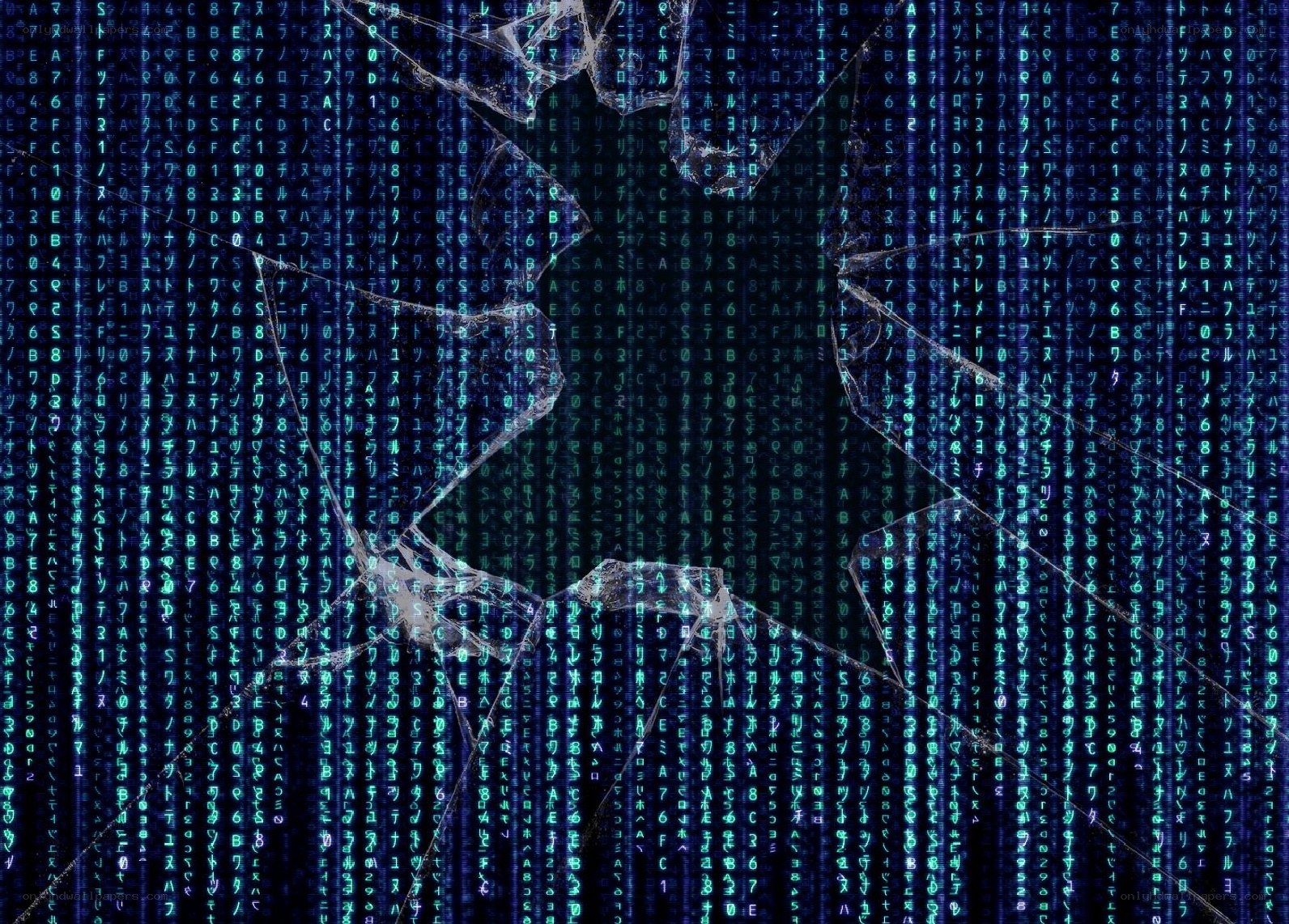 Matrix-style digital rain with cracked glass