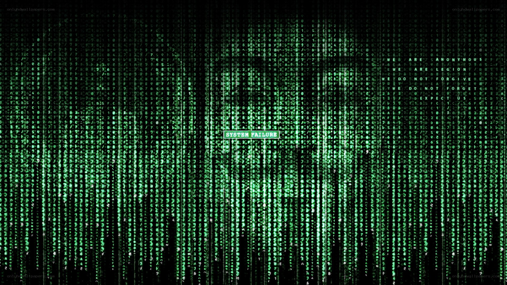 Matrix-style digital rain with system failure