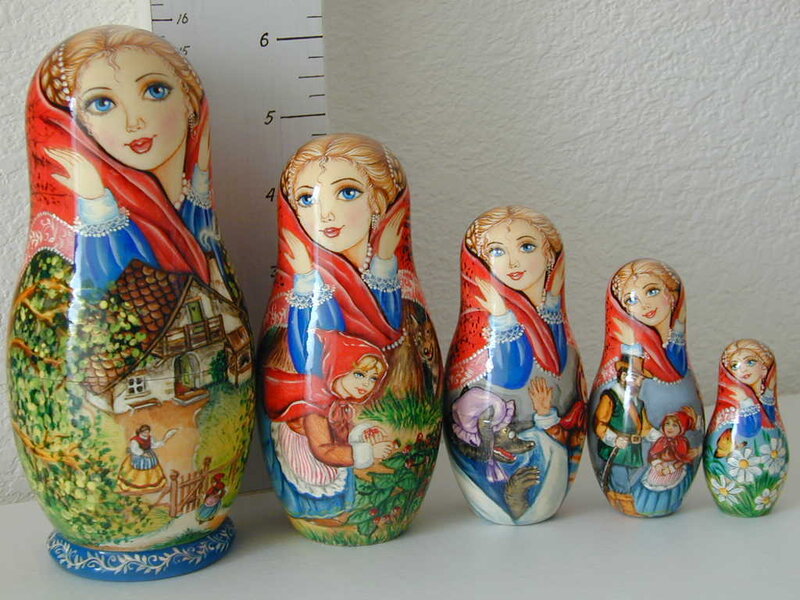 Matryoshka dolls with fairy tale scenes