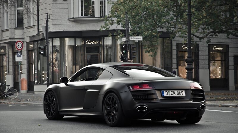 Matte black Audi R8 on city street