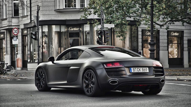 Matte black Audi R8 on city street