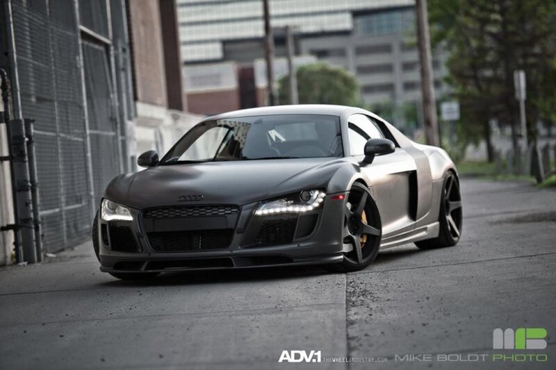 Matte black Audi R8 on city street