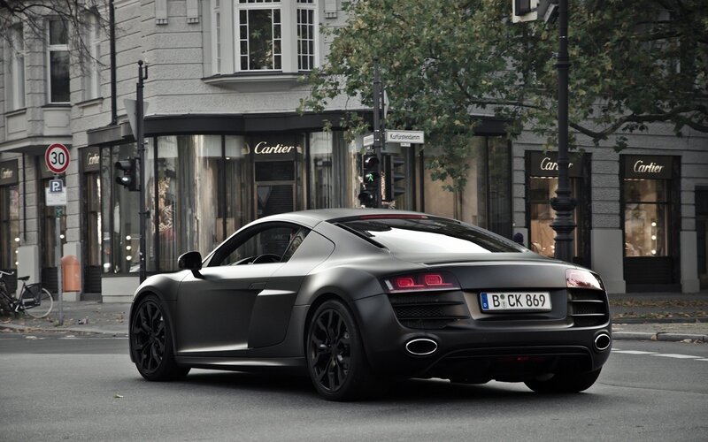 Matte black Audi R8 on city street