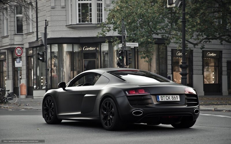 Matte black Audi R8 on city street